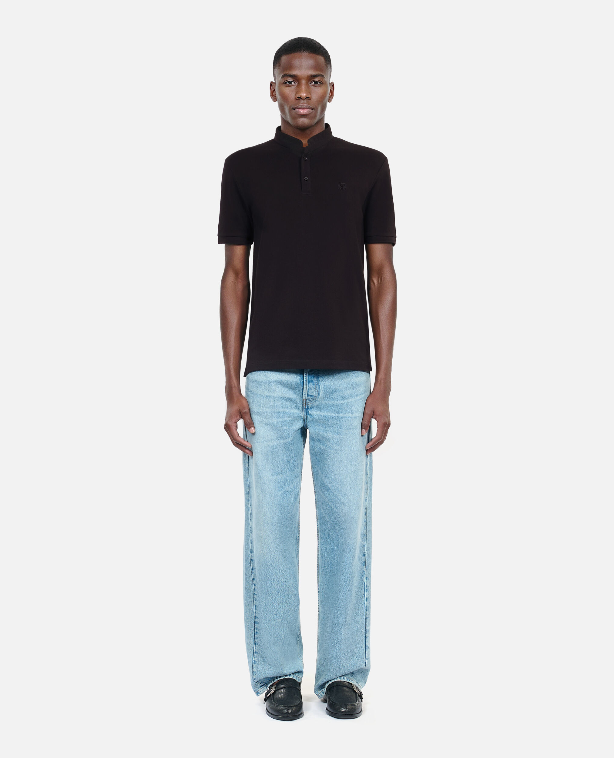 Black pique cotton polo t-shirt, BLACK, hi-res image number null