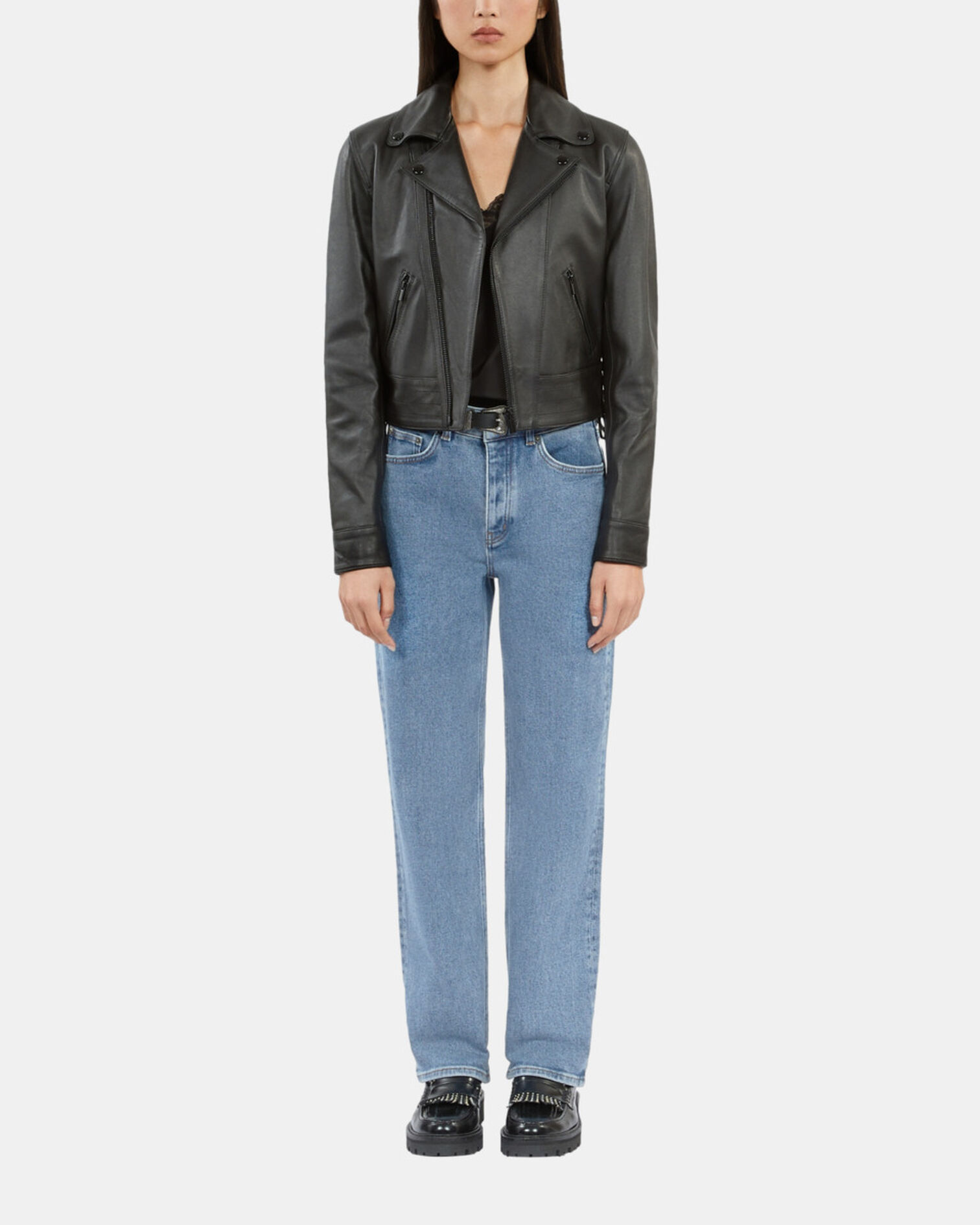 Black leather studded jacket, BLACK, hi-res image number null