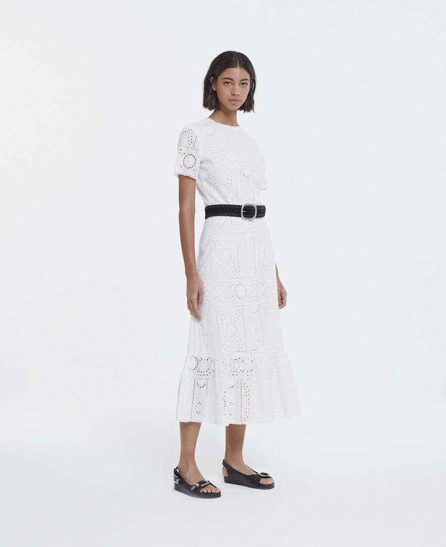long white embroidered dress with crew neck