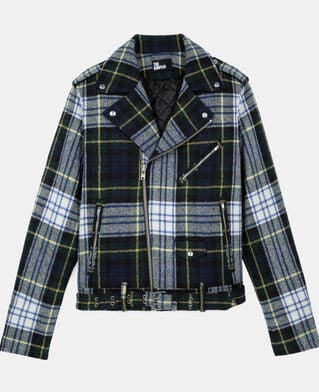 The Kooples MEN GREEN-WHITE green and navy blue check wool biker jacket the kooples x harris twed