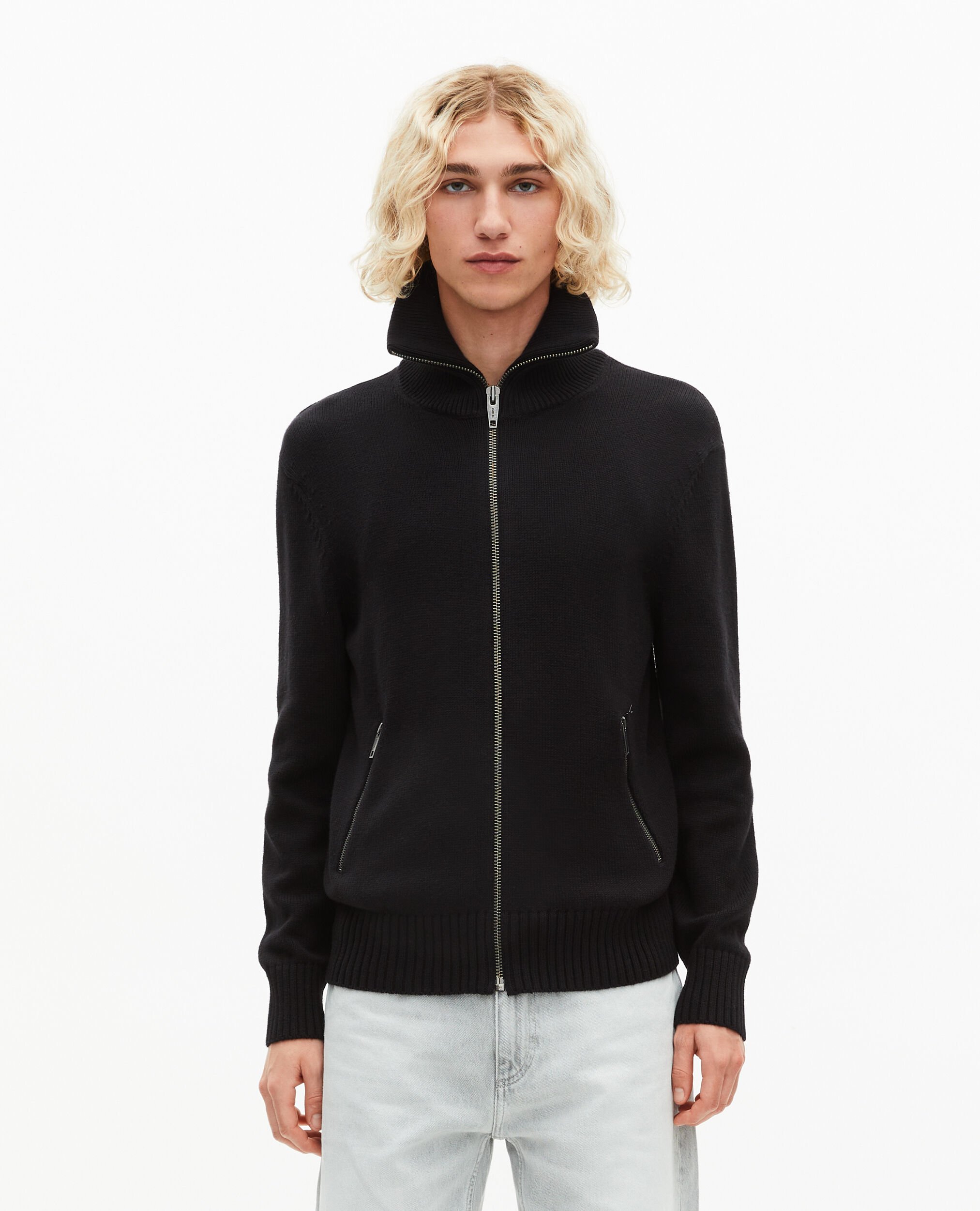 Black zip-up cardigan, BLACK, hi-res image number null