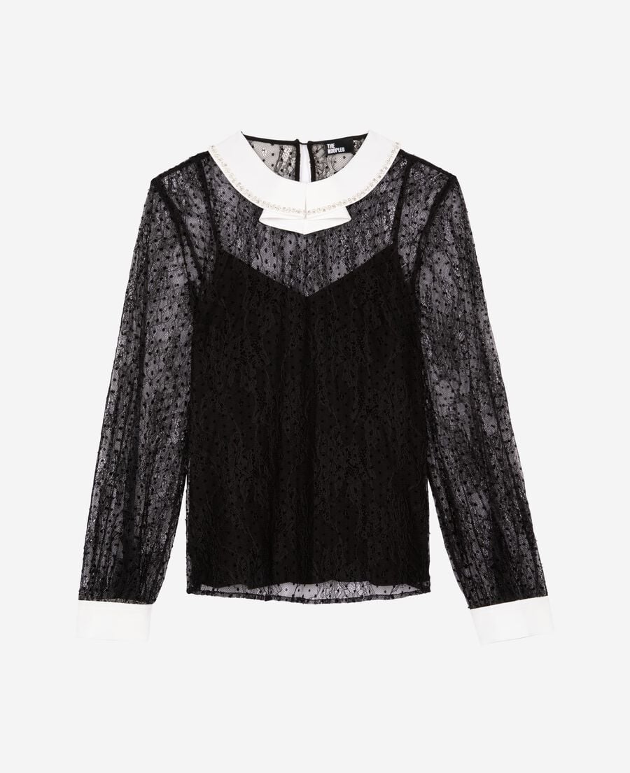 The Kooples FEMME BLACK top en dentelle plumetis avec strass noir