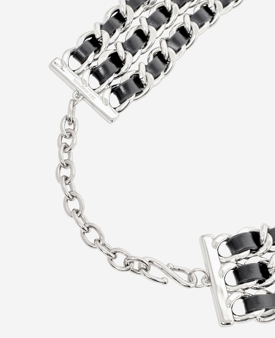 The Kooples WOMEN BLACK SILVER necklace with leather and silver chains