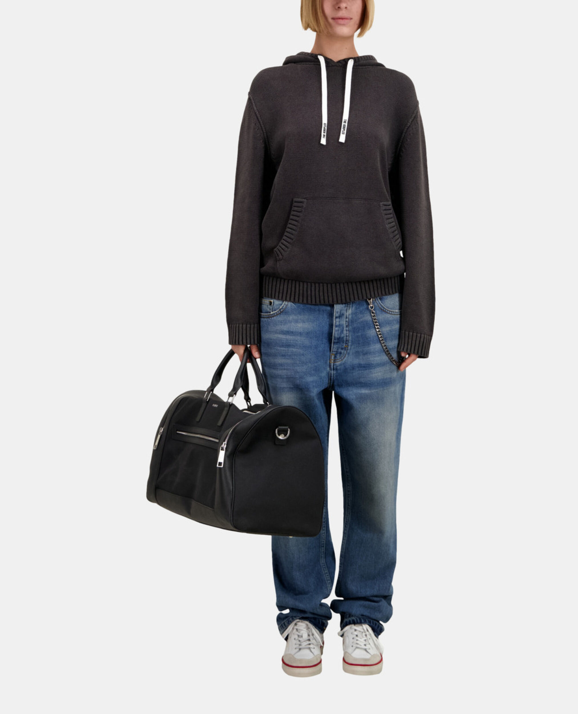 Black cotton and wool hooded sweater, BLACK WASHED, hi-res image number null