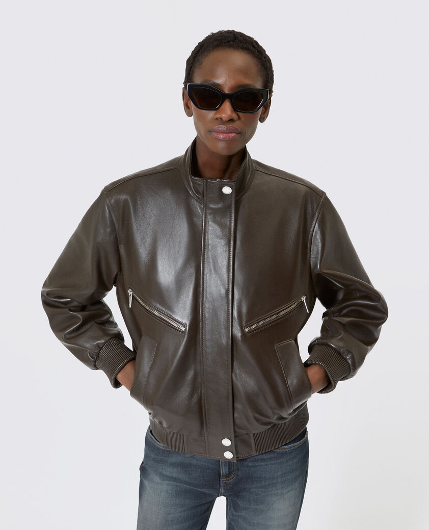 The Kooples WOMEN CAFE brown leather zipped jacket