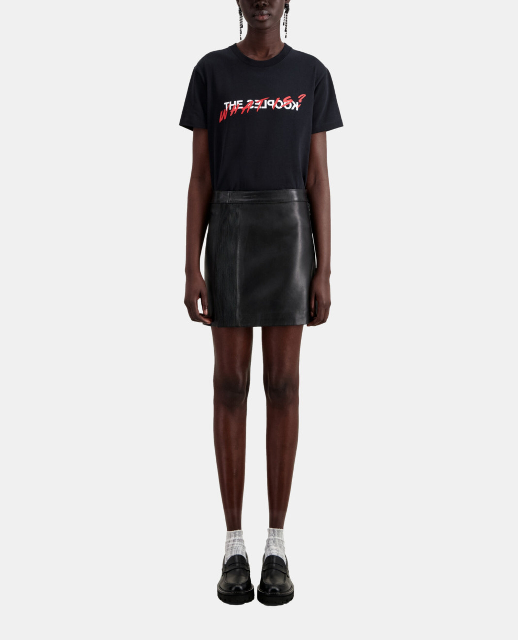 Short black leather skirt with zip and pintuck details, BLACK, hi-res image number null