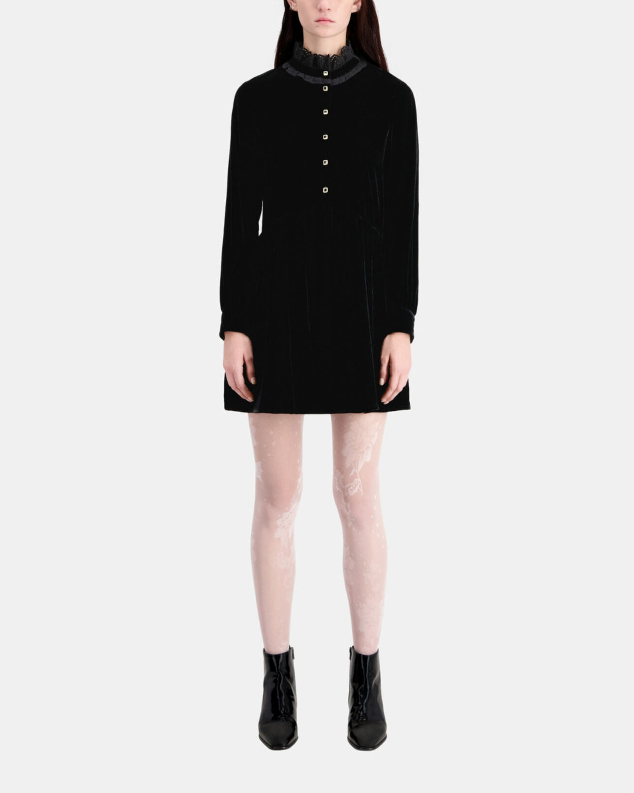 The Kooples WOMEN BLACK short black velvet dress with bijou buttons