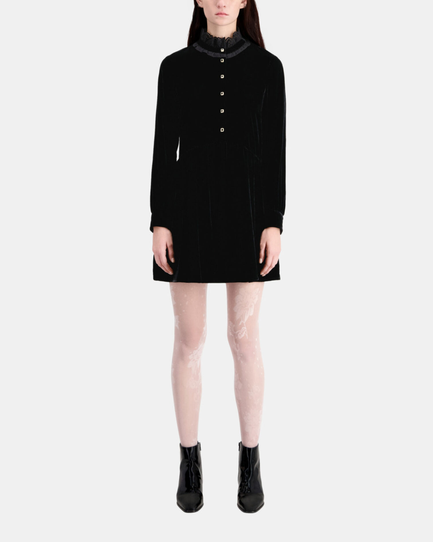 Short black velvet dress with bijou buttons, BLACK, hi-res image number null