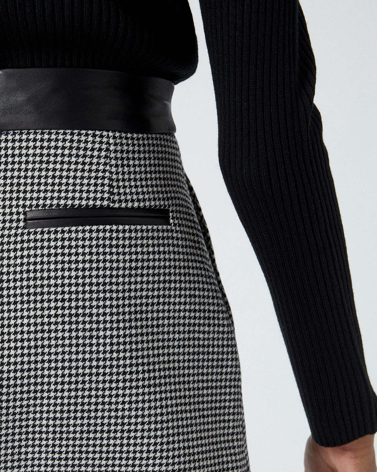 The Kooples WOMEN BLACK houndstooth wool skirt with leather details
