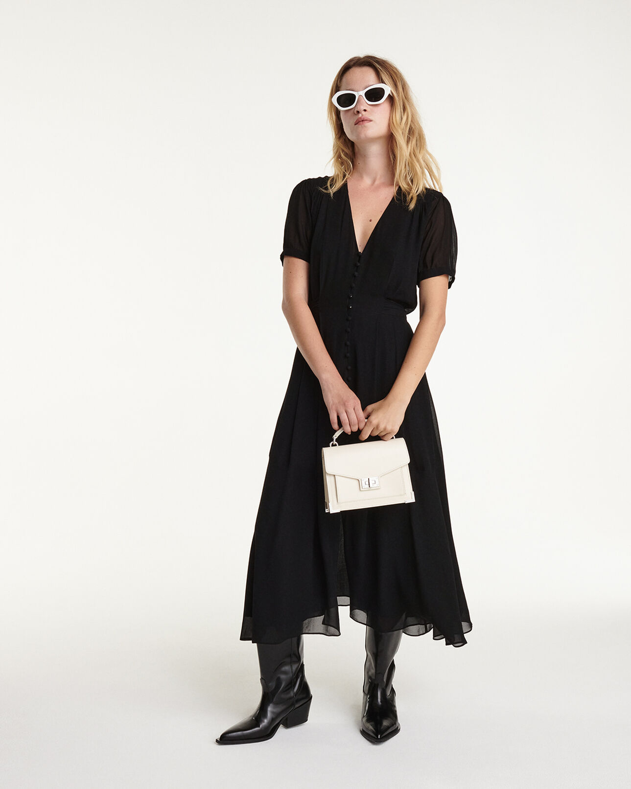 The Kooples DAMEN BLACK langes schwarzes kleid taillengürtel