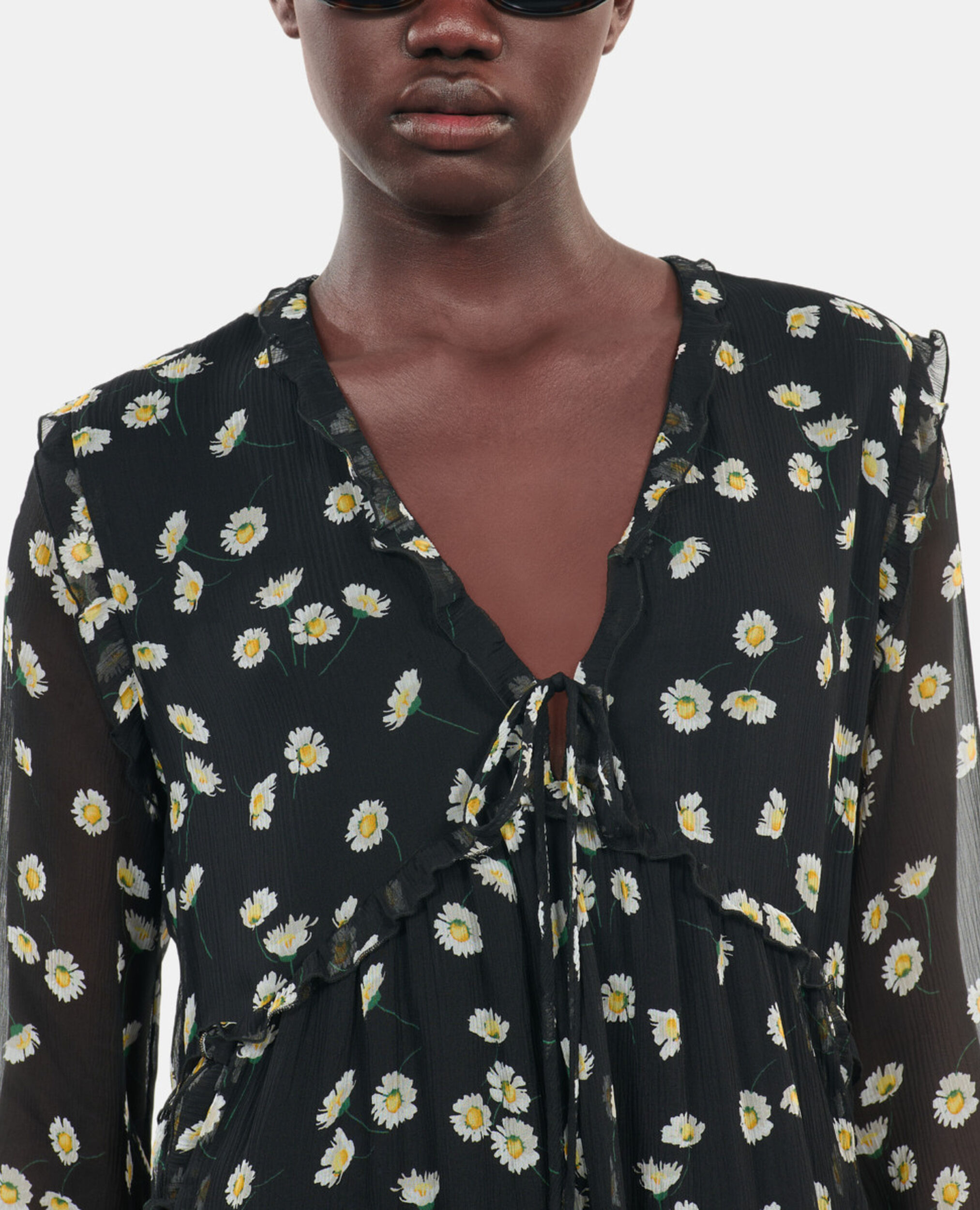 Floral printed silk short dress, BLACK WHITE, hi-res image number null