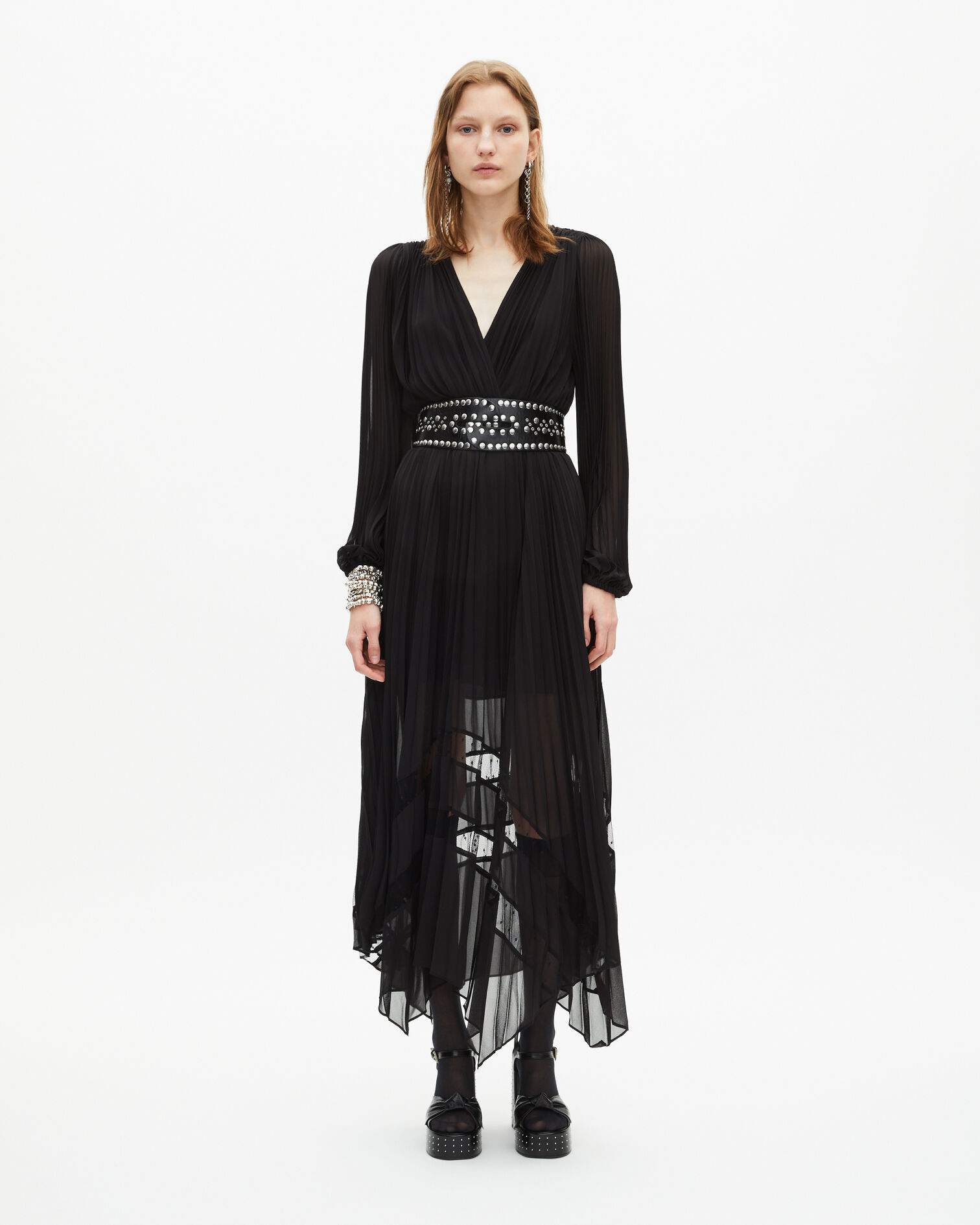 Robe longue plissée avec dentelle noire, BLACK, hi-res image number null