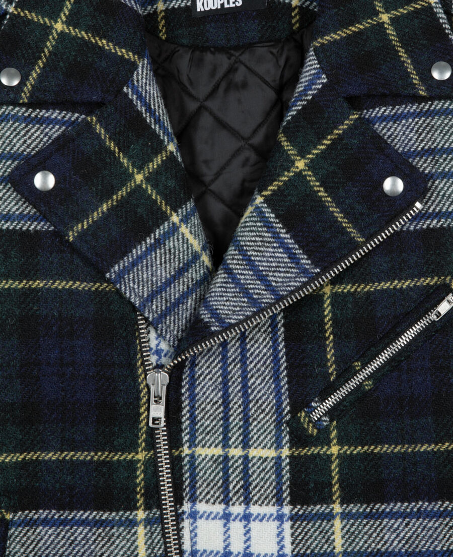The Kooples MEN GREEN-WHITE green and navy blue check wool biker jacket the kooples x harris twed