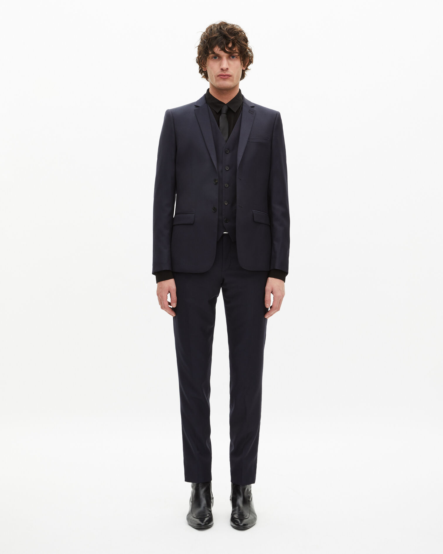 Veste de costume en laine bleu coupe tailleur droite, DARK NAVY, hi-res image number null