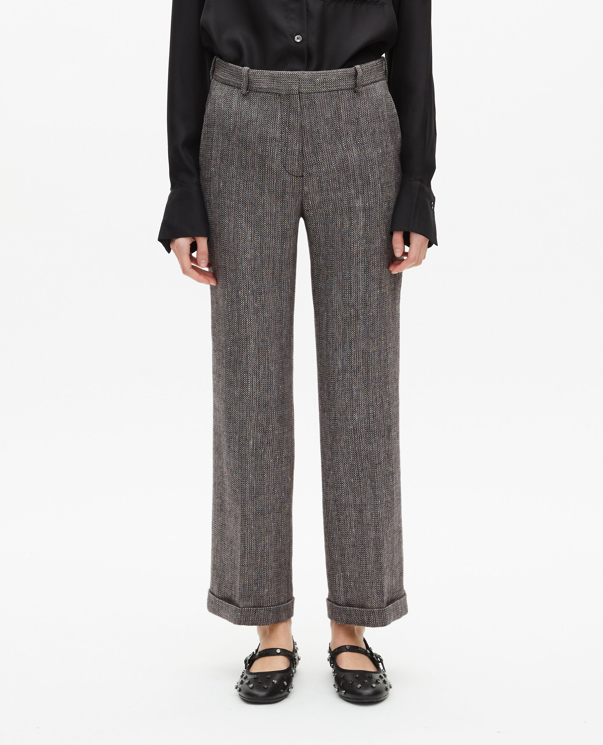 Grey wool and linen straight-leg tailored pants, GREY, hi-res image number null