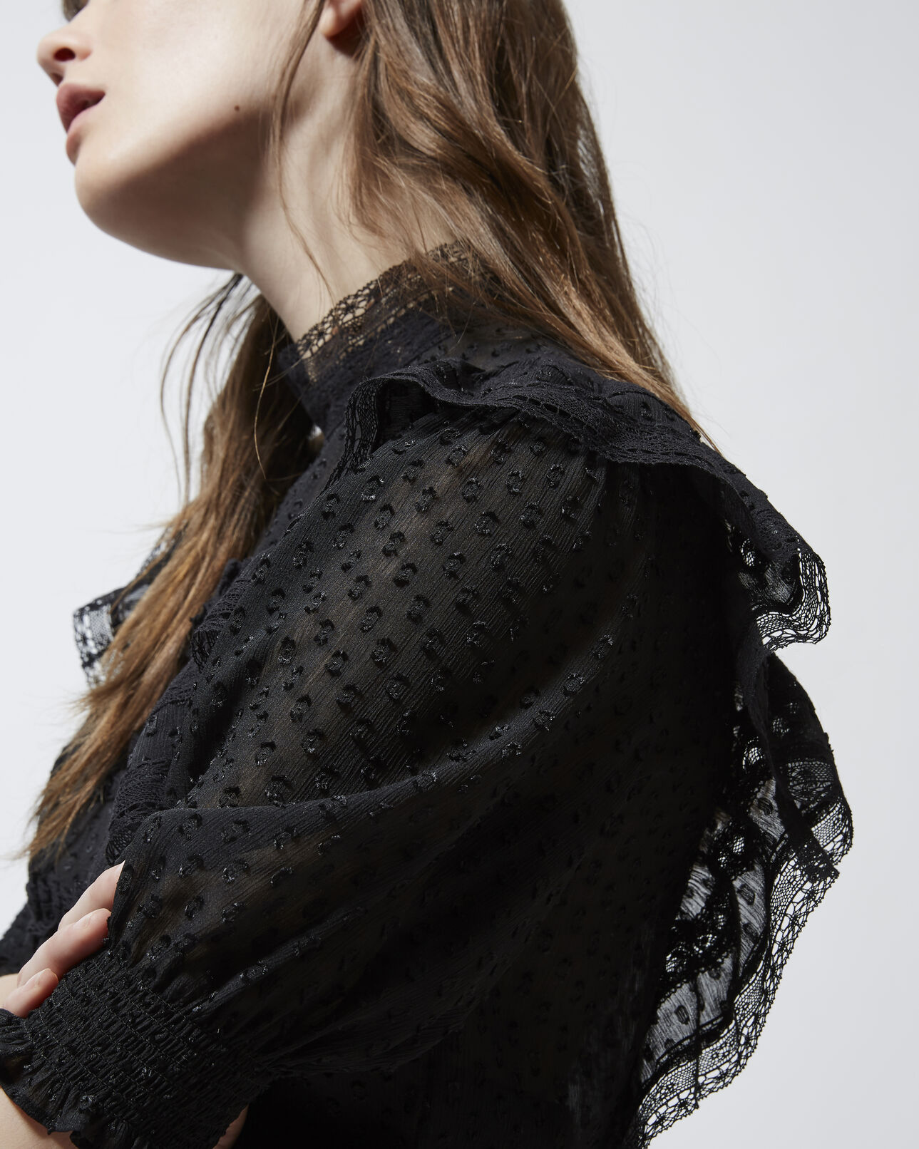The Kooples WOMEN BLACK embroidered long-sleeve top with frills