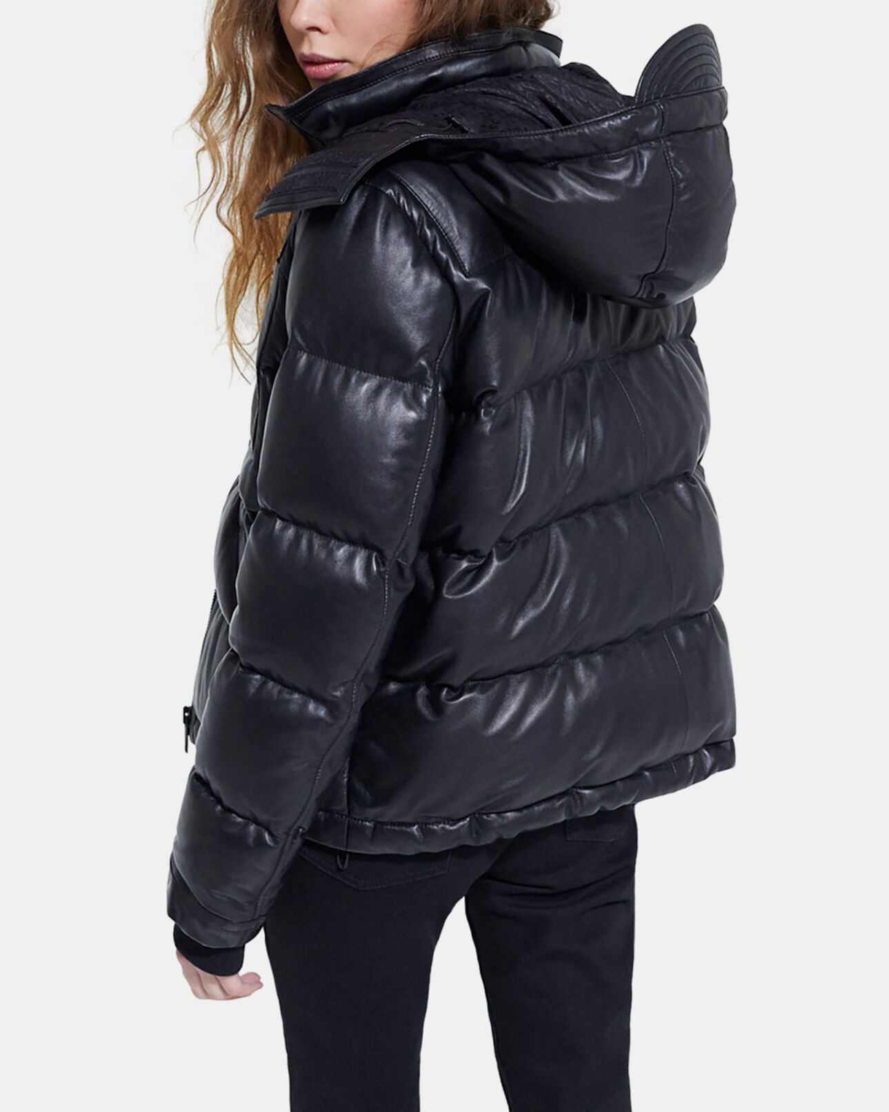 The Kooples WOMEN BLACK black leather down jacket with straps and logo