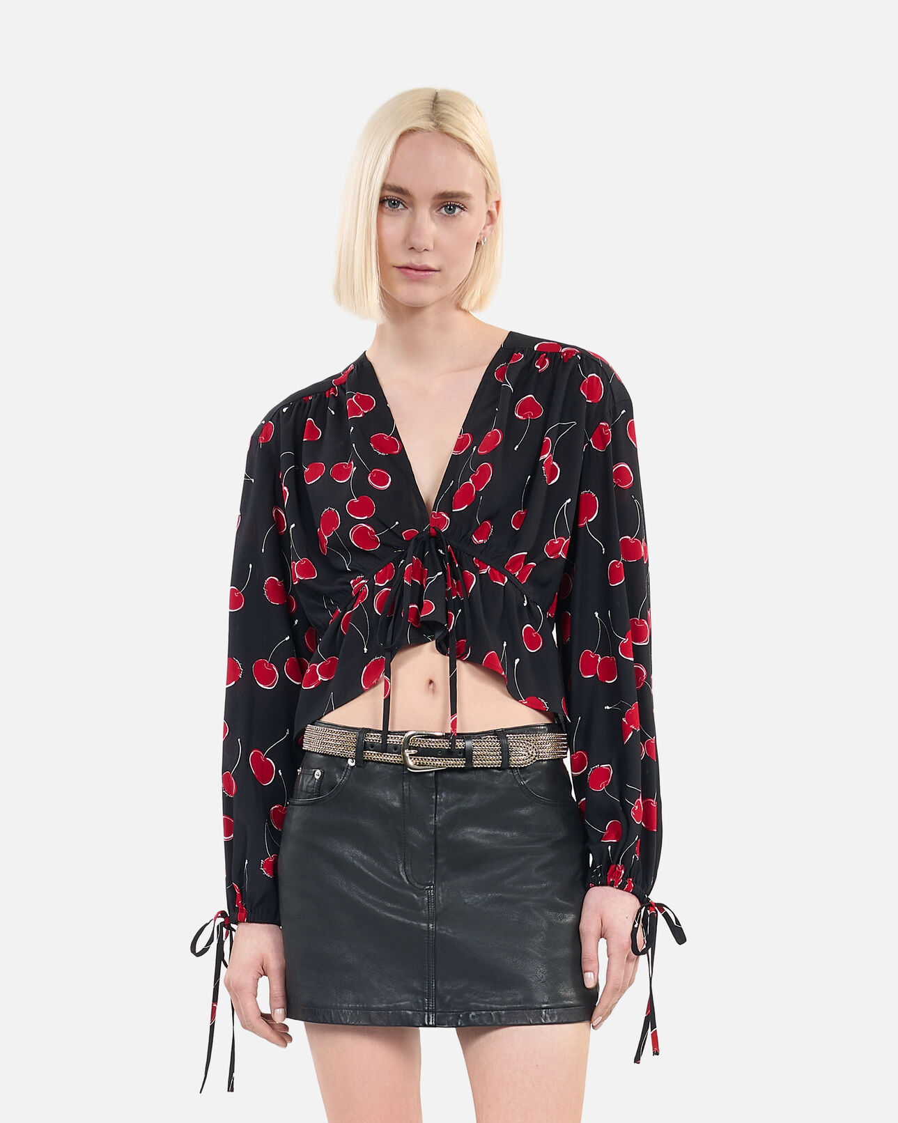The Kooples FEMME BLACK - RED top court à imprimé cerise avec volants