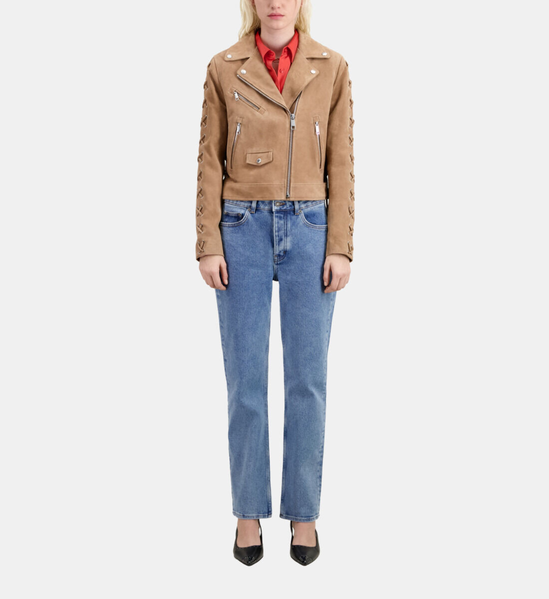 Beige suede leather biker jacket