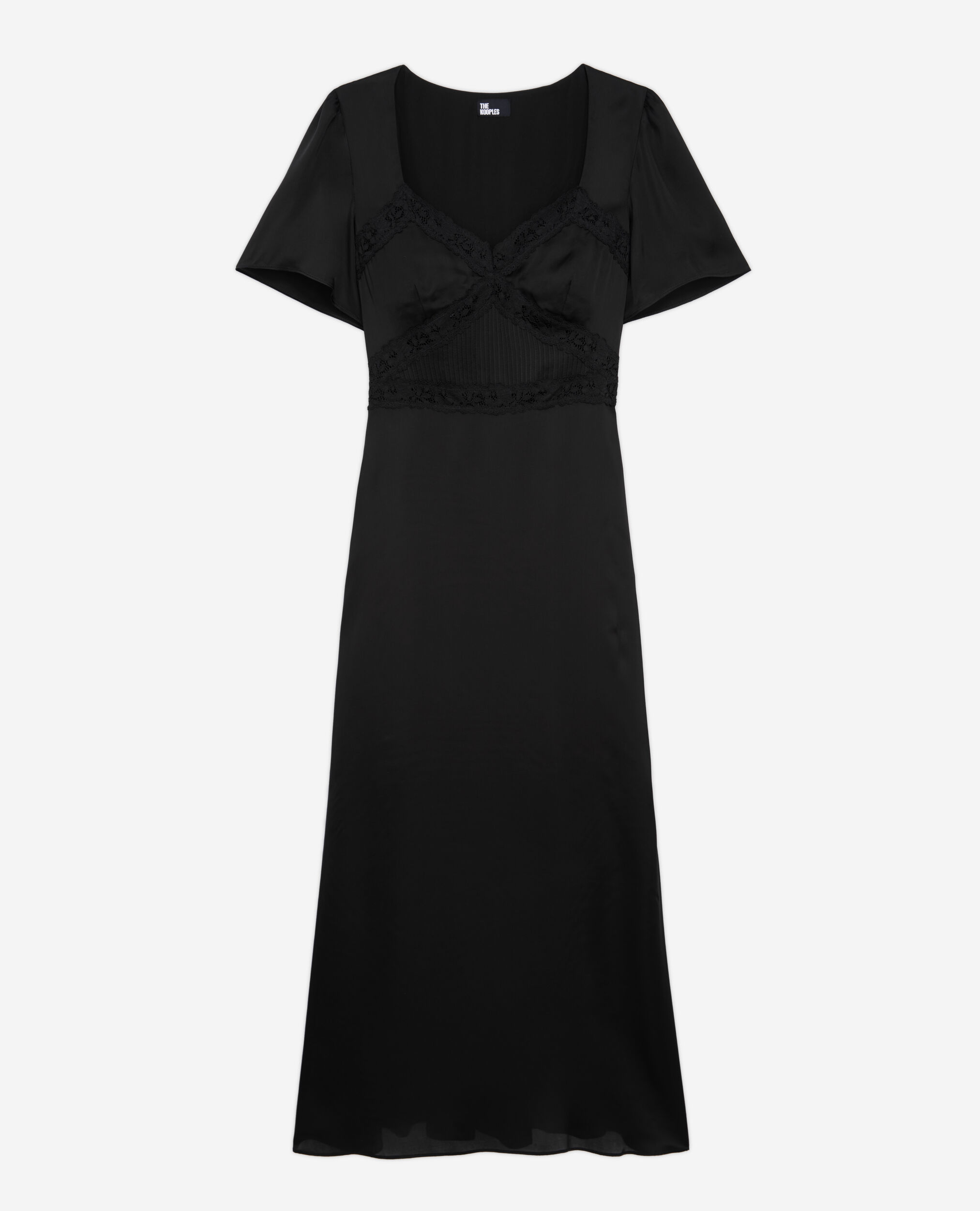 Robe longue noire avec détails en dentelle, BLACK, hi-res image number null
