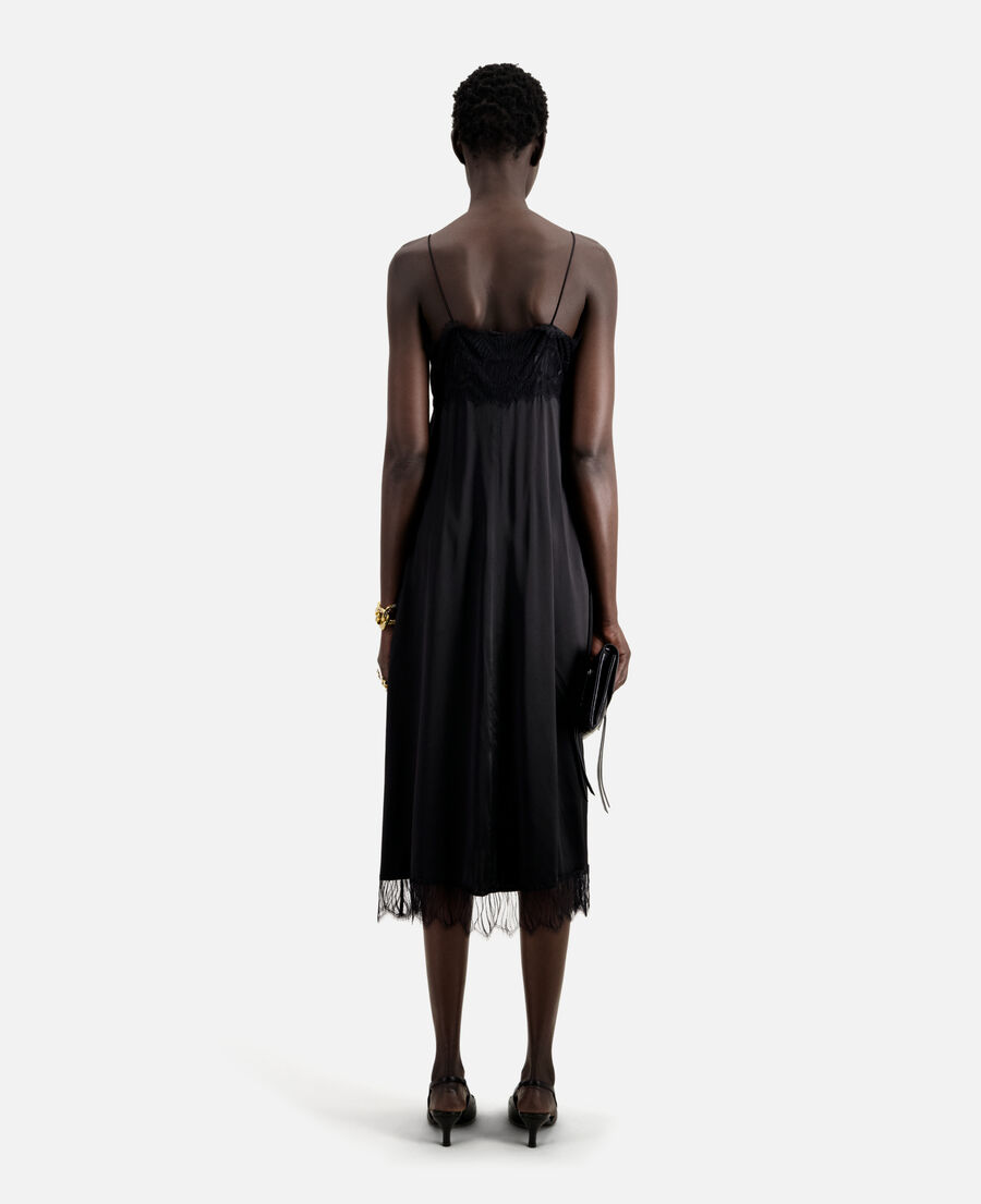 long black silk slip dress with lace details