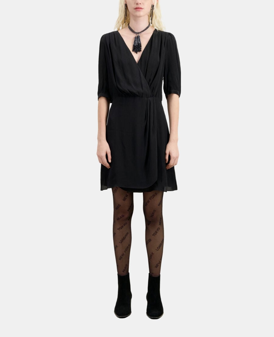 The Kooples FEMME BLACK robe courte noire en soie effet drapé