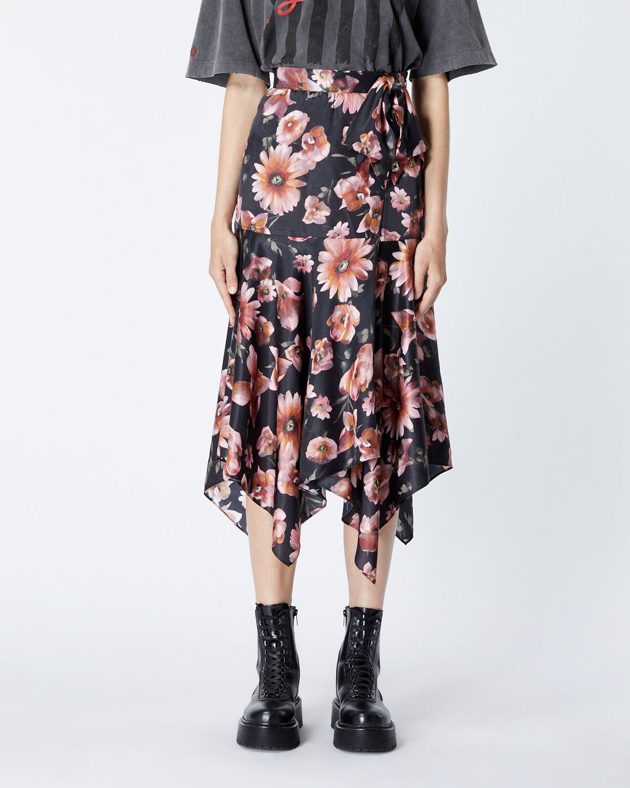 The Kooples WOMEN BLACK satin wrap skirt with floral print