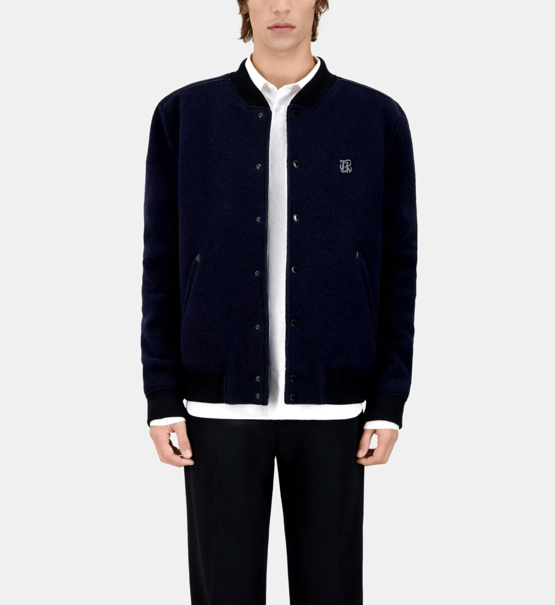 Navy blue bouclette fabric jacket| The Kooples