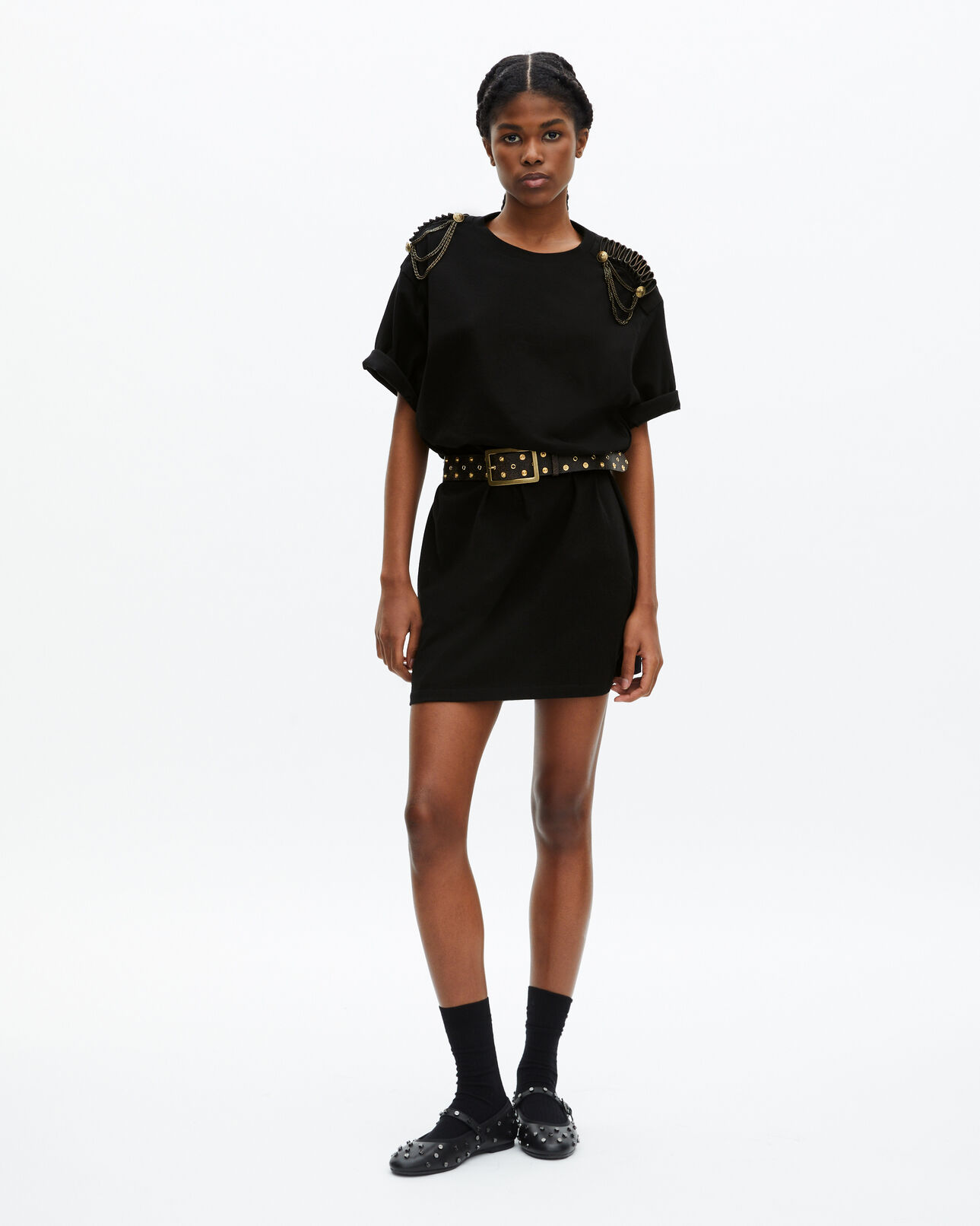 The Kooples WOMEN BLACK WASHED short dress with black shoulder pads