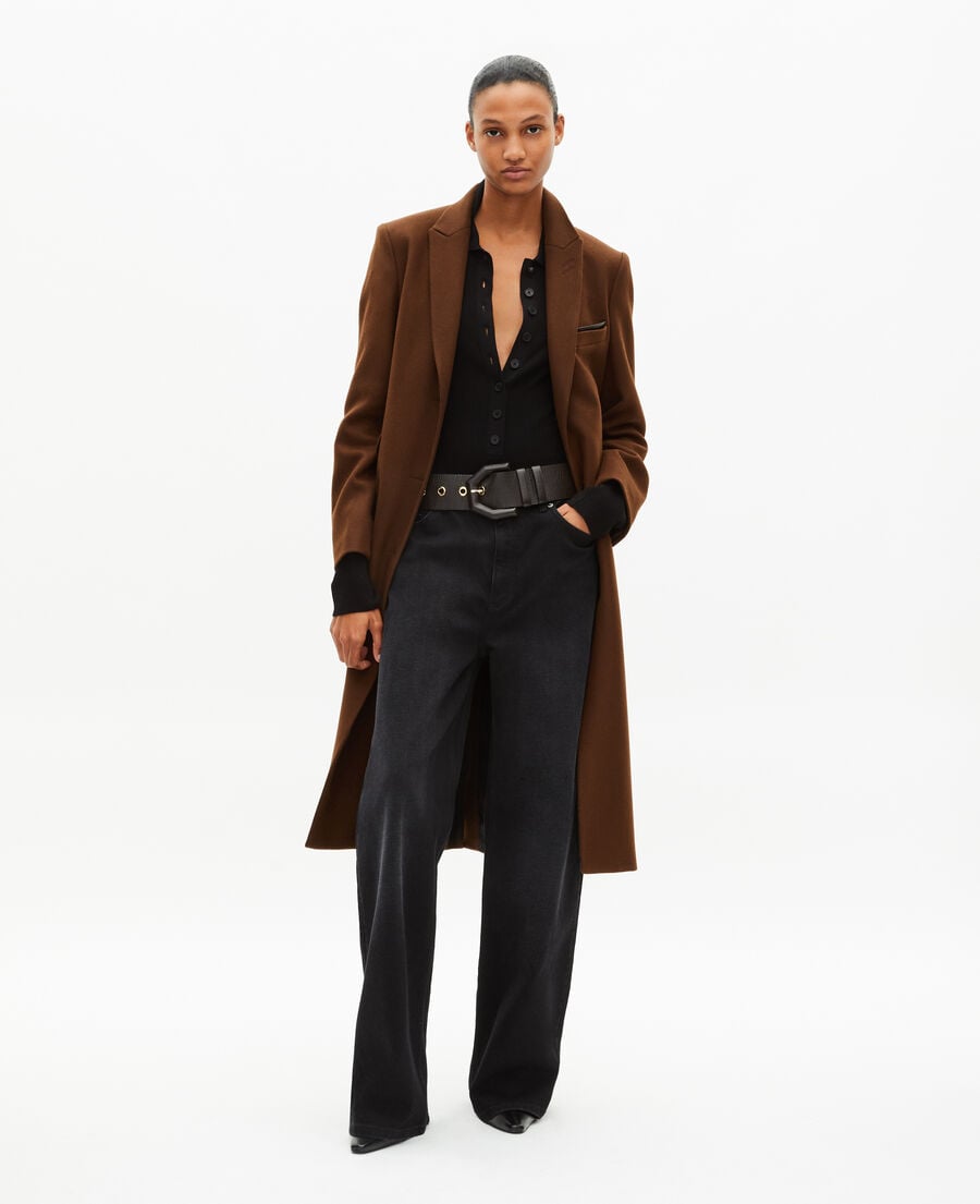 The Kooples WOMEN CHOCOLATE long wool coat with brown leather details