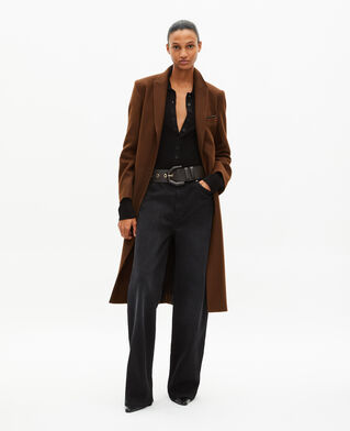 The Kooples WOMEN CHOCOLATE long wool coat with brown leather details