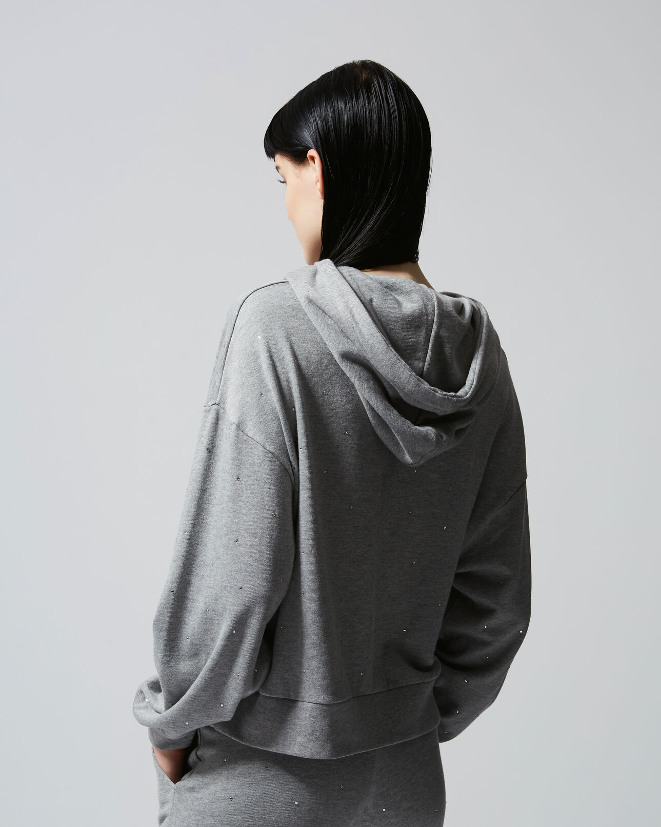 The Kooples WOMEN GREY MELANGE grey hoodie with rhinestones all over