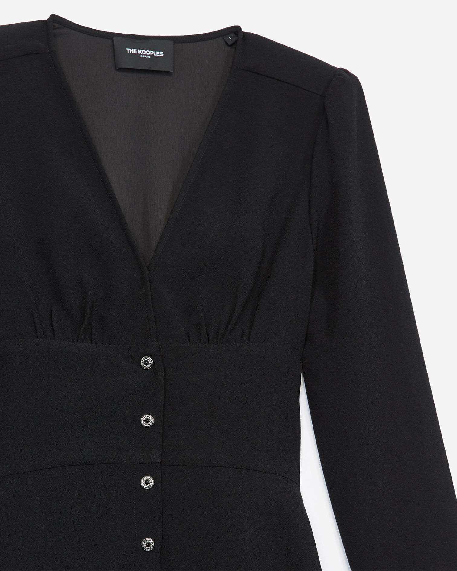 Kurzes schwarzes Kleid mit Knöpfen aus Krepp, BLACK, hi-res image number null