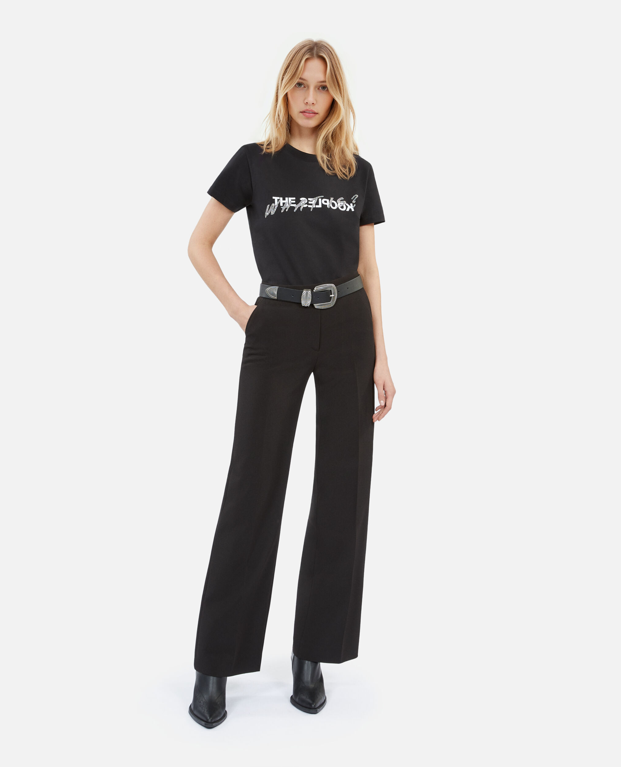 Schwarzes T-Shirt mit „What is“-Strassbesatz, BLACK, hi-res image number null