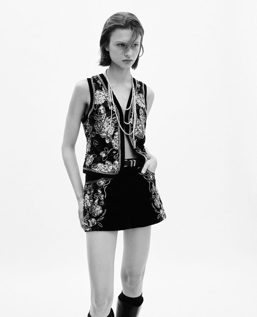 The Kooples WOMEN BLACK-ANTIC SILVER black embroidered velvet vest