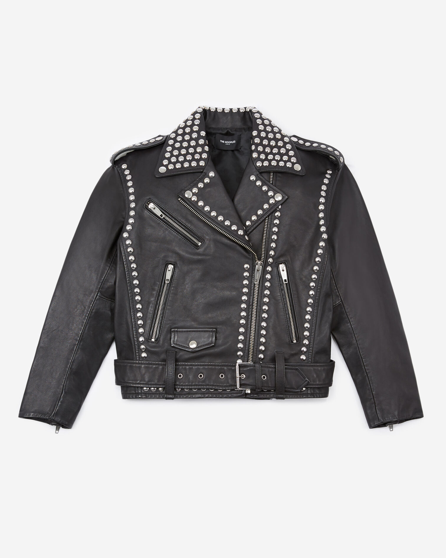 Blouson cuir noir à détails cloutés, BLACK, hi-res image number null