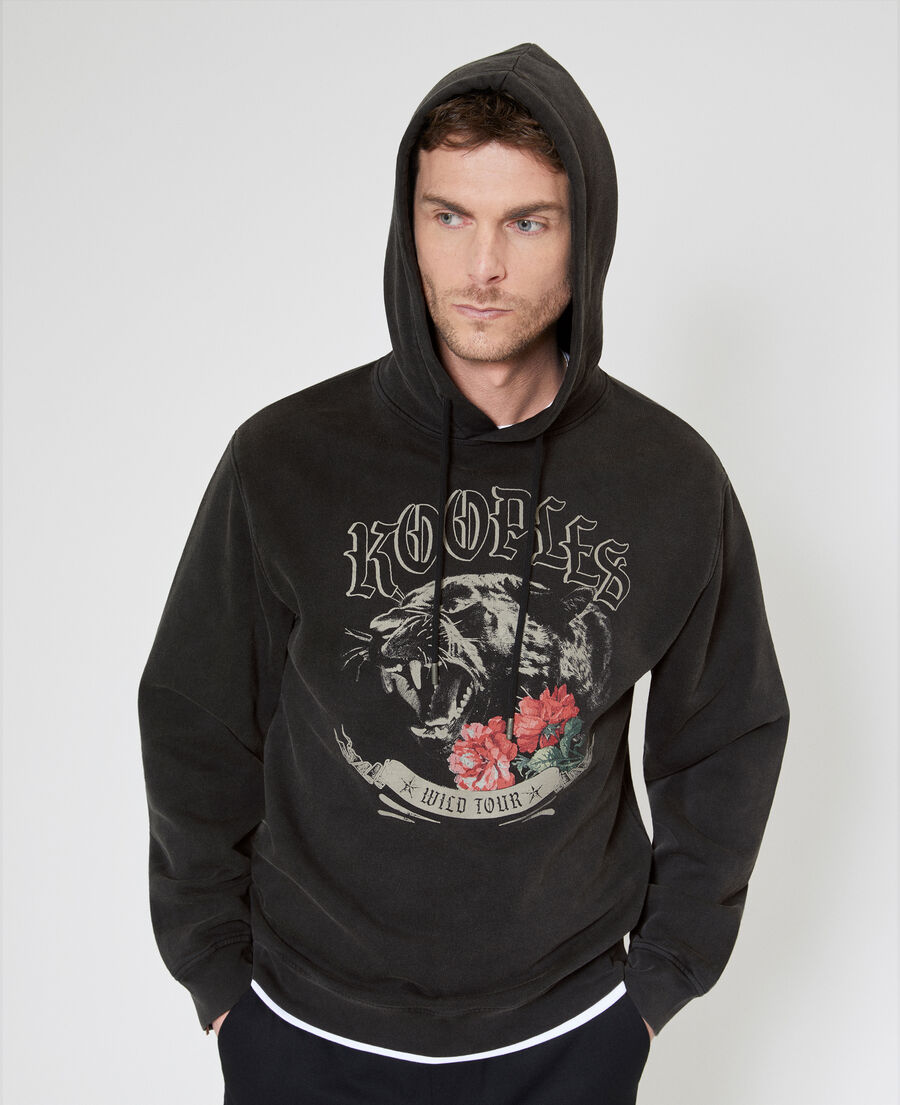 The Kooples HOMME BLACK WASHED sweatshirt &agrave; capuche avec s&eacute;rigraphie panth&egrave;re noir