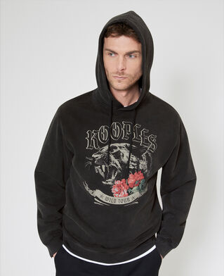 The Kooples HOMME BLACK WASHED sweatshirt &agrave; capuche avec s&eacute;rigraphie panth&egrave;re noir