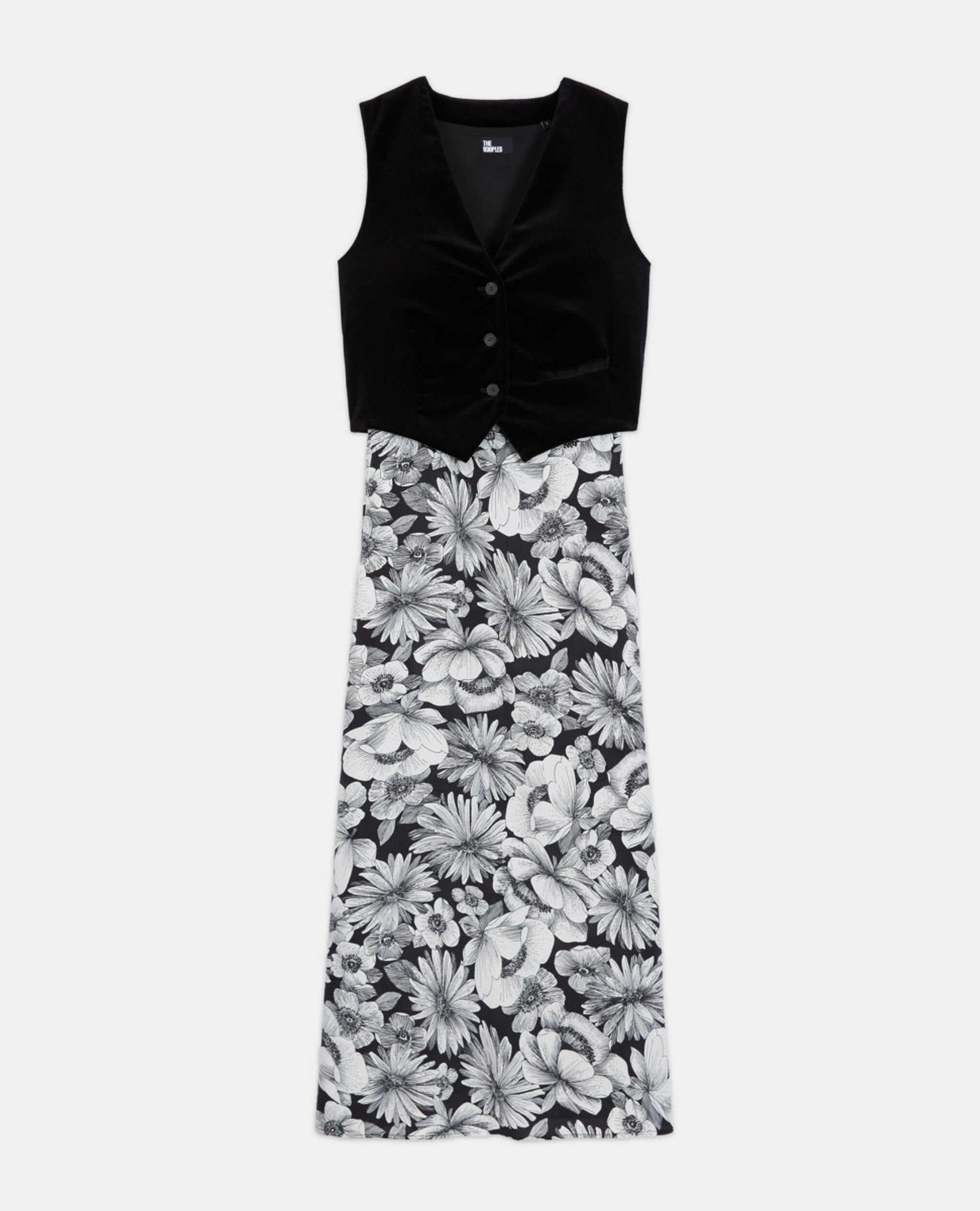 Langes Seidenkleid mit Blumenmotiv, BLACK WHITE, hi-res image number null