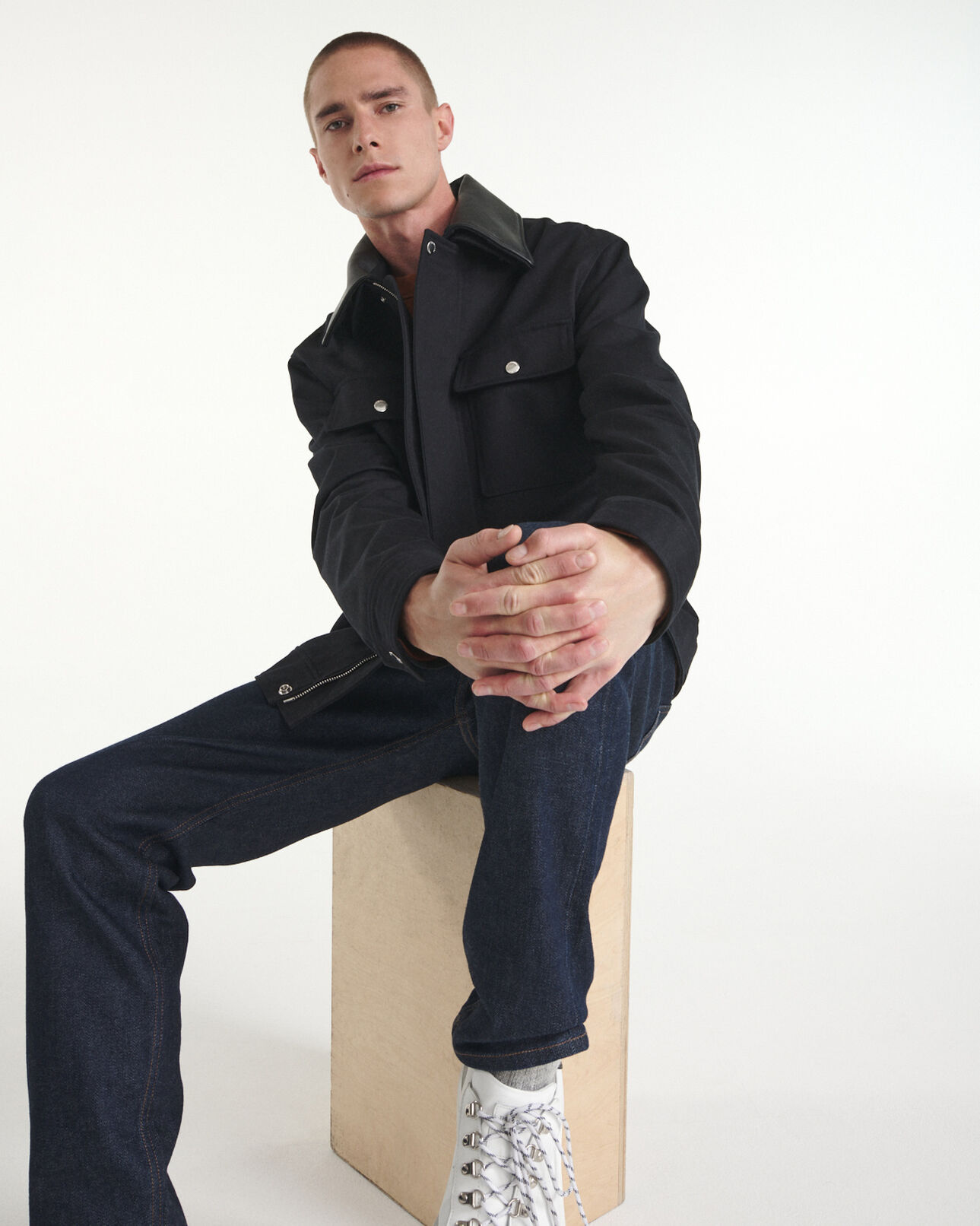 The Kooples MEN NAVY technical navy blue jacket w/leather collar