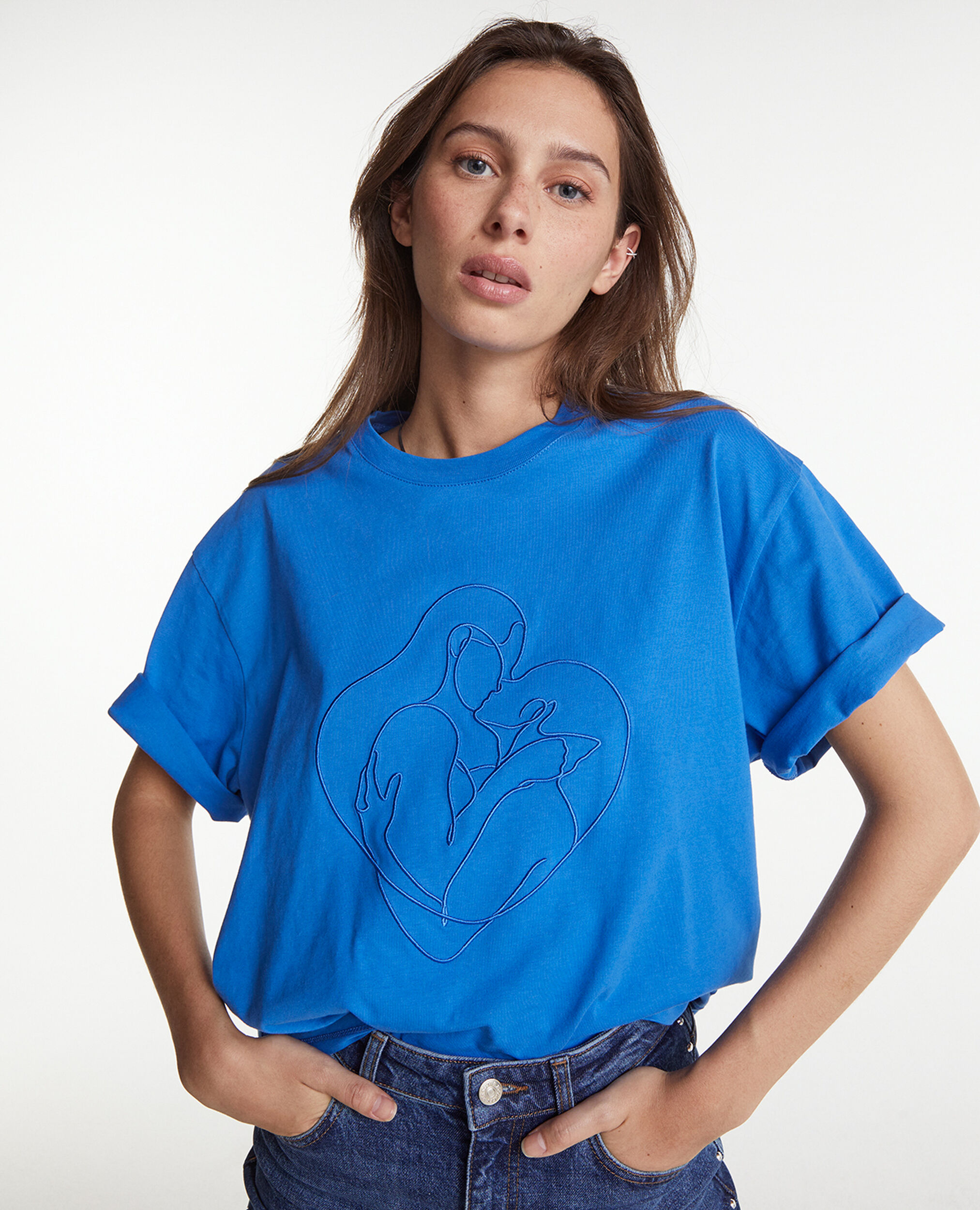 Blue cotton T-shirt with tone-on-tone embroidery, BLUE, hi-res image number null