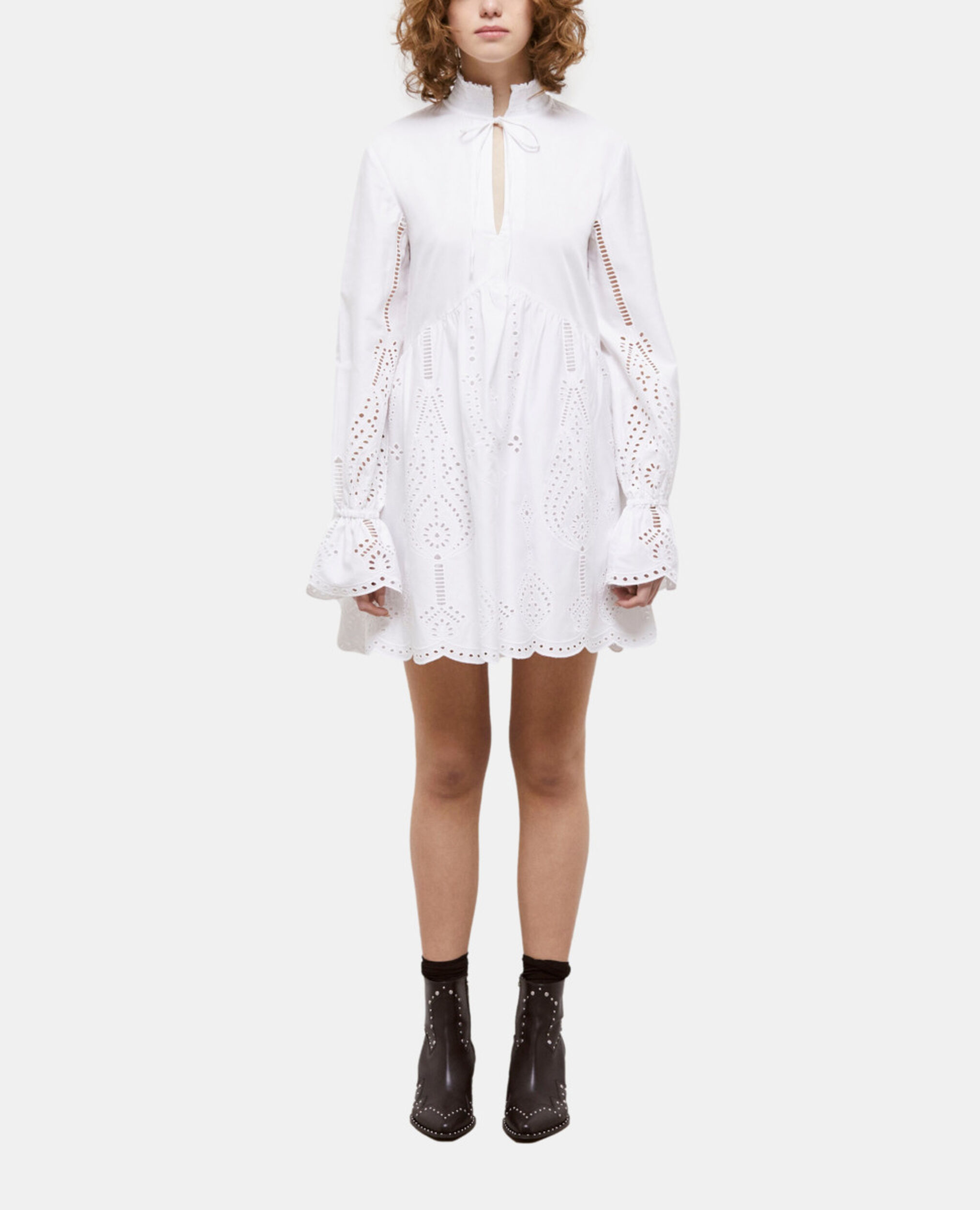 Short white dress with broderie anglaise, WHITE, hi-res image number null