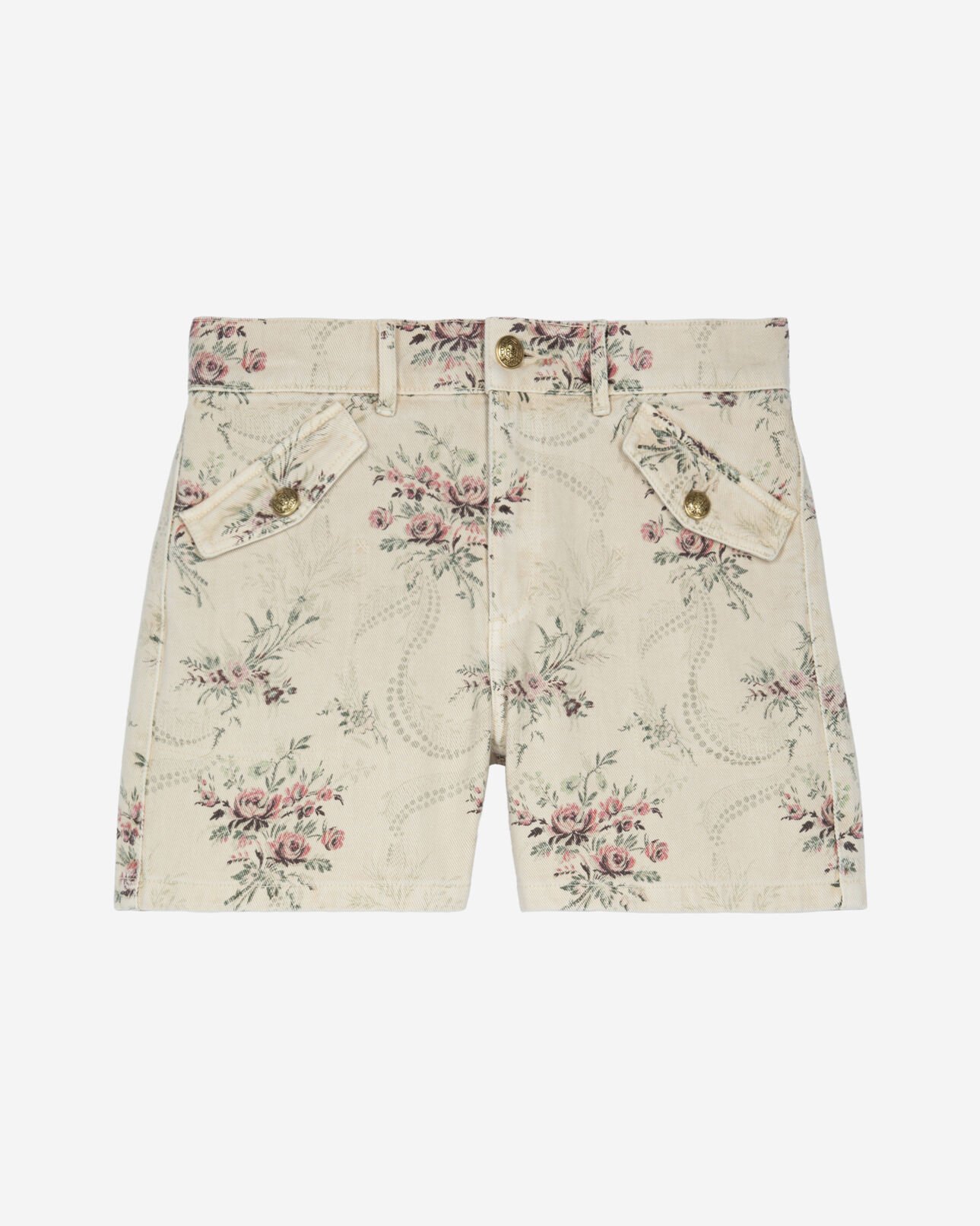 The Kooples WOMEN BEIGE TAUPE floral print shorts in beige denim