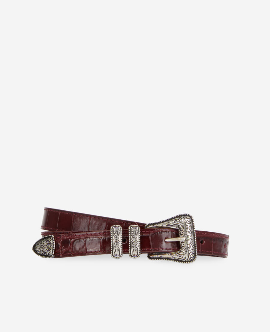 더 쿠플스 The Kooples Ceinture en cuir bordeaux effet crocodile avec boucle Western,BORDEAUX