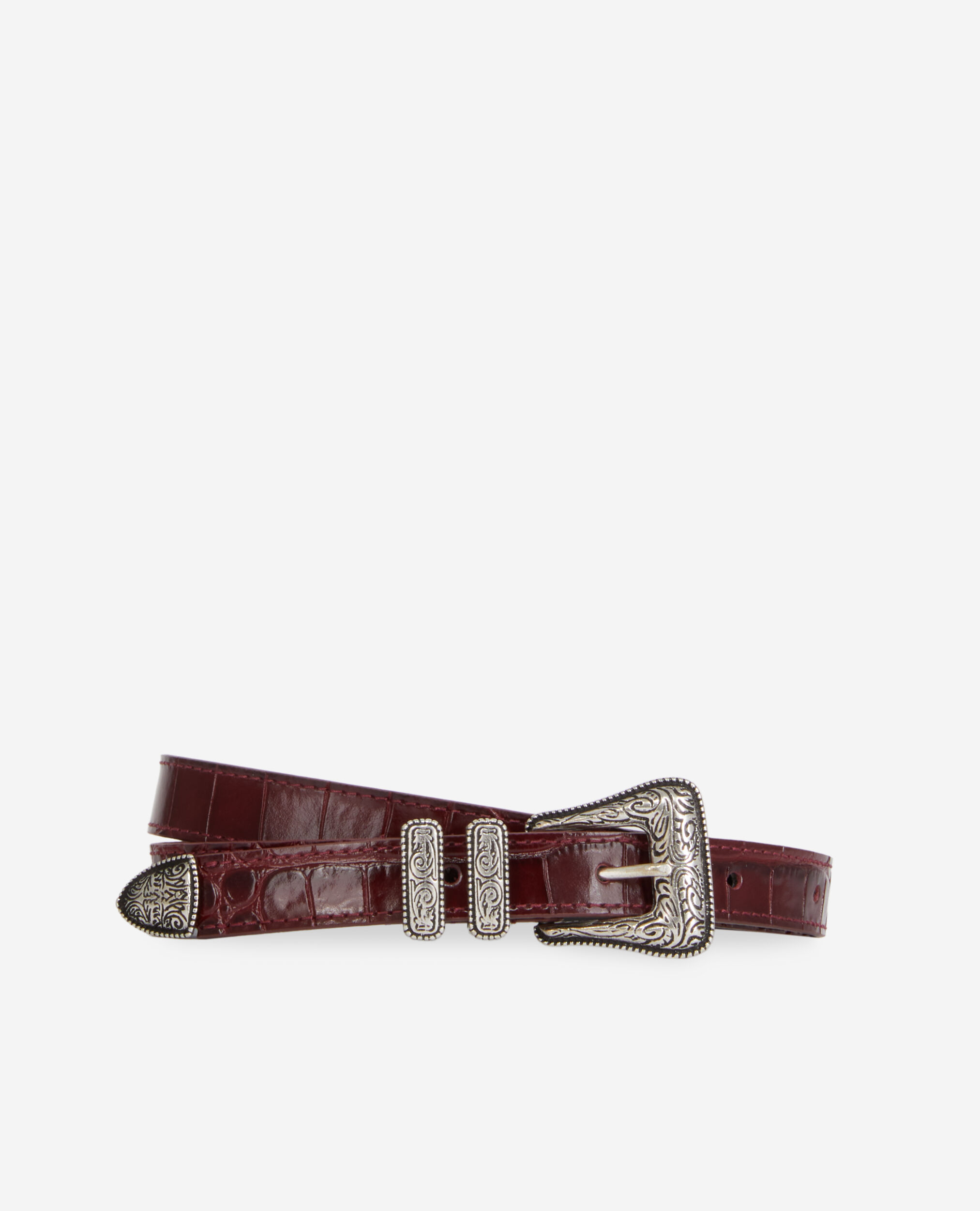Burgundy crocodile-effect leather belt with Western buckle, BORDEAUX, hi-res image number null