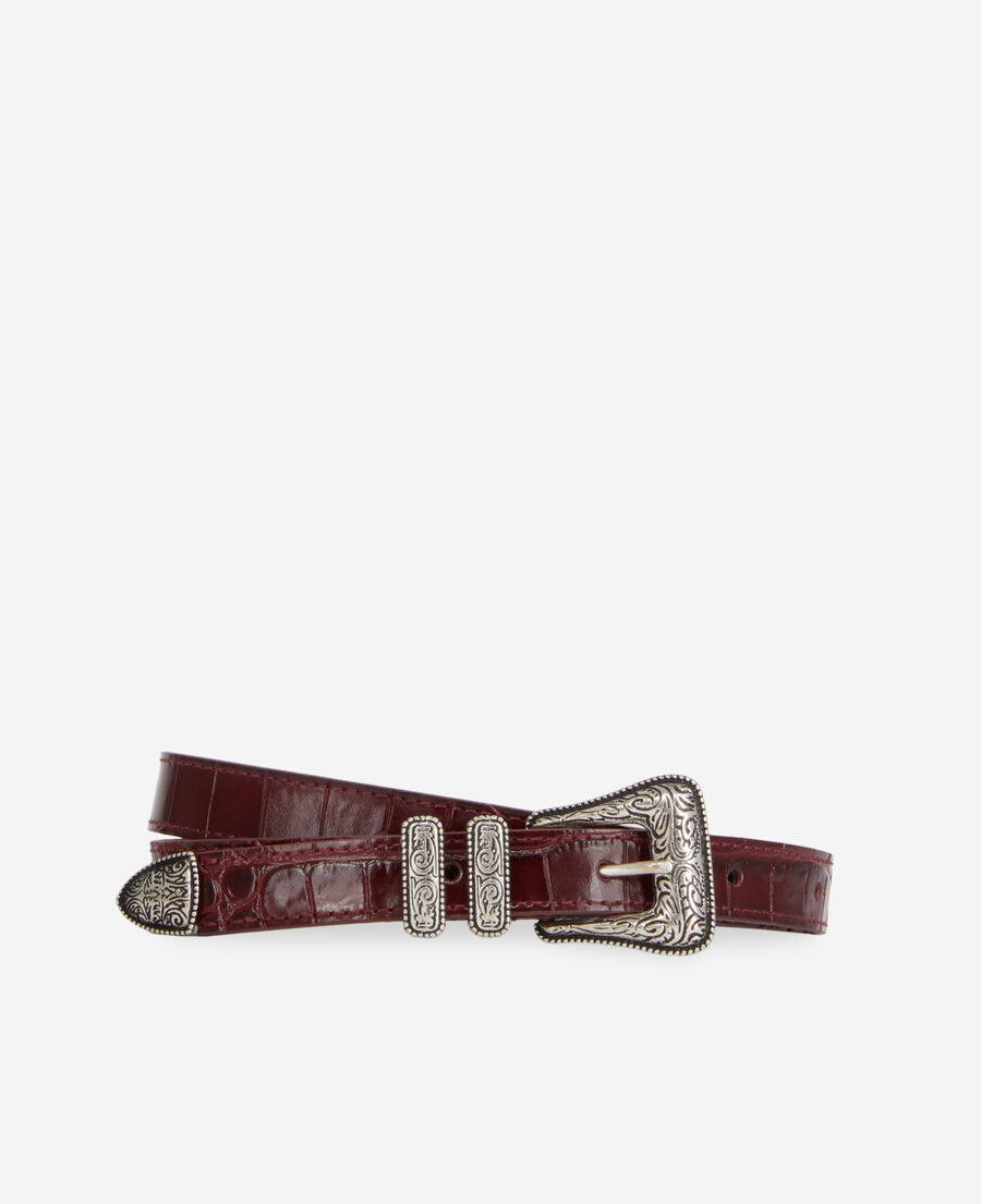 burgundy crocodile-effect leather belt with western buckle