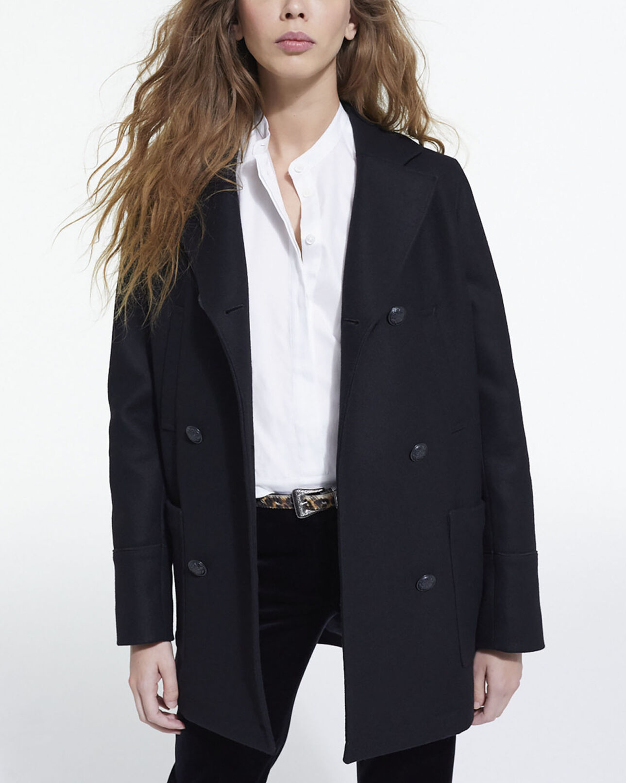 The Kooples WOMEN BLACK wool coat with leopard lining