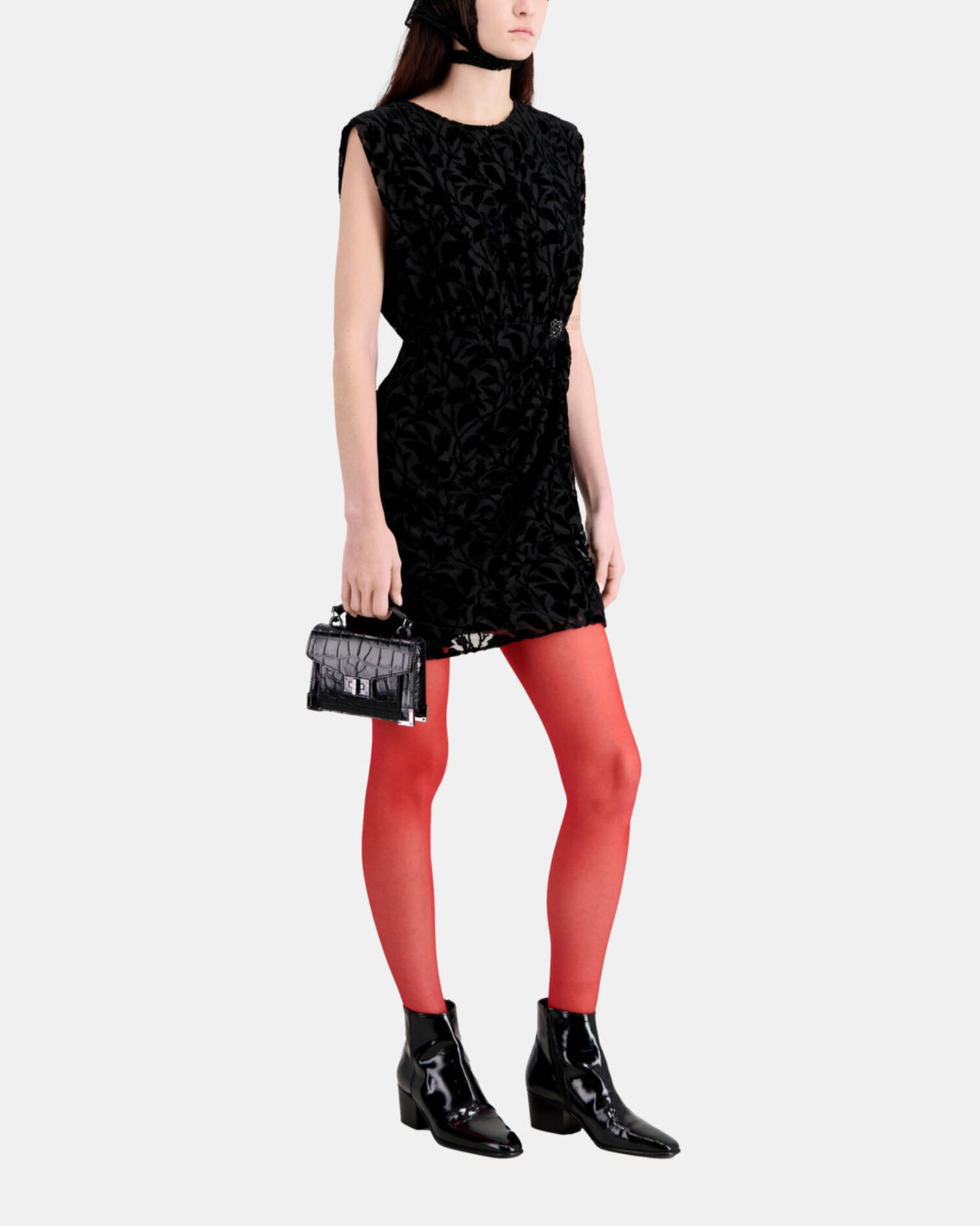 Short black devoré velvet dress, BLACK, hi-res image number null
