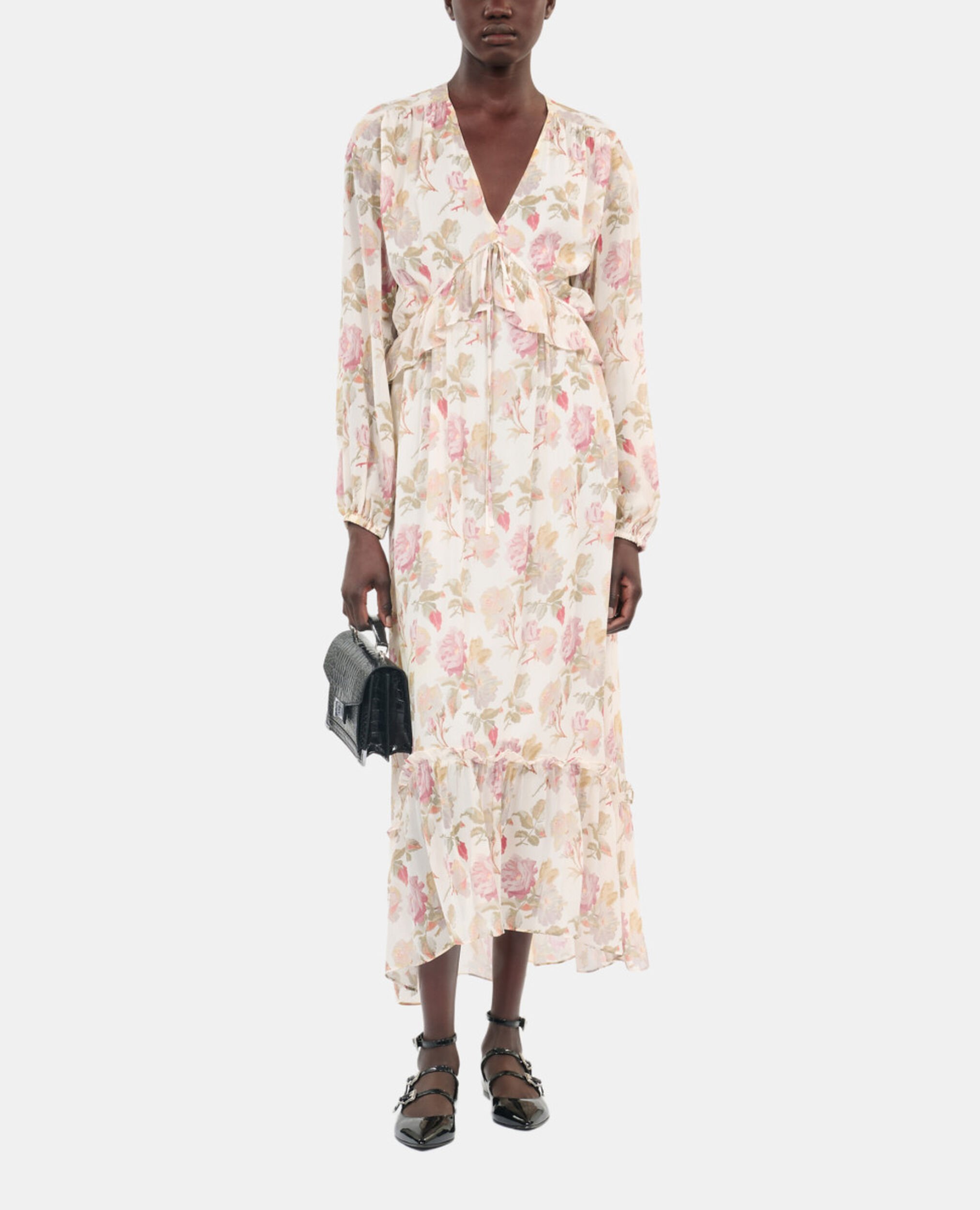 Robe longue avec imprimé fleuri en soie, BEIGE / RED, hi-res image number null