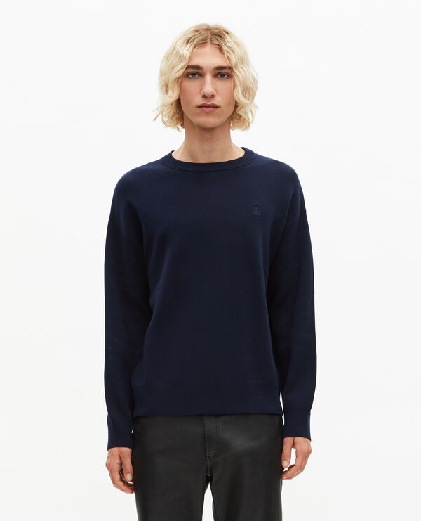 The Kooples HOMBRE NAVY suéter de cuello redondo de lana de doble cara azul marino